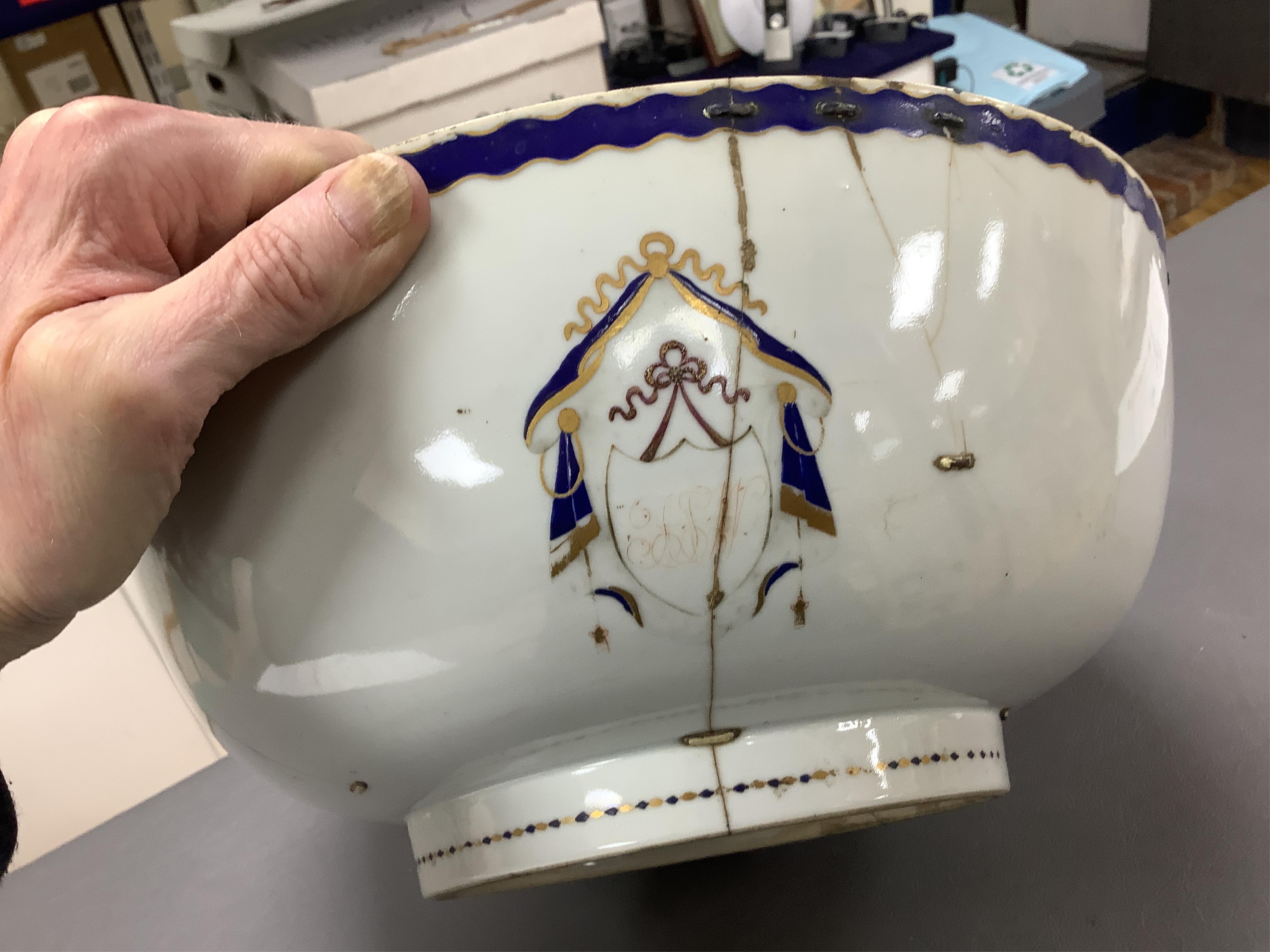 An 18th/19th century Chinese tea bowl and saucer, a punch bowl, two tea bowls and a Paris porcelain vase, largest 31cm